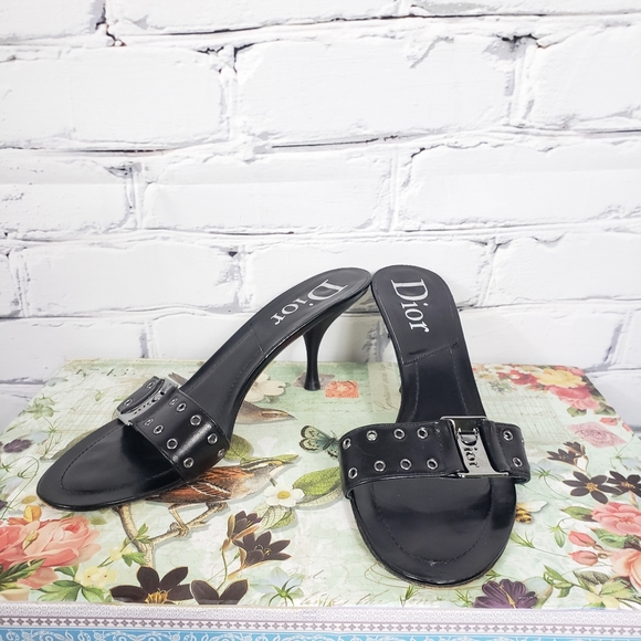Dior Shoes - Dior Black Leather Grommet Slide Sandals